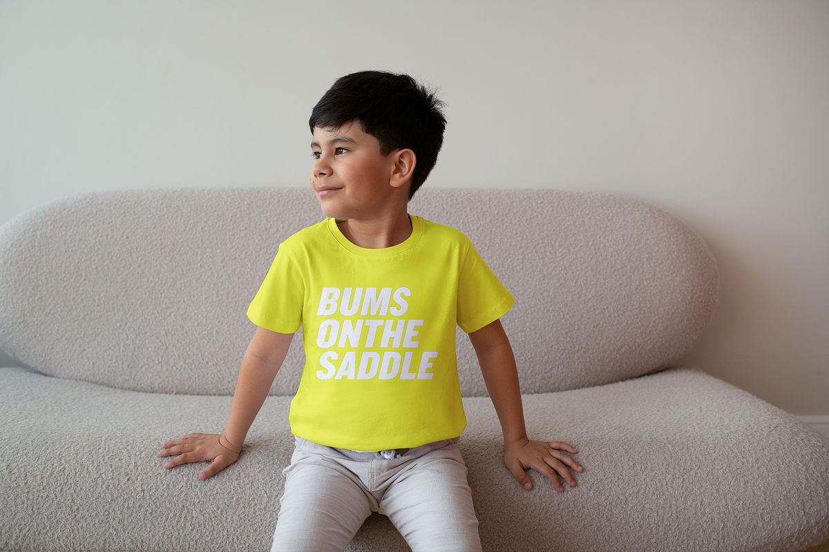 BUMSONTHESADDLE Kids T-shirt (Yellow/White)